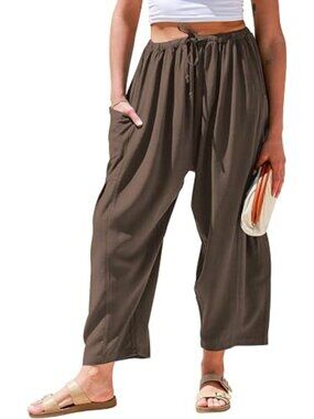 TARSE Womens Linen Blend Wide Leg Pants 2 PAIRS Casual Loose Drawstring Size S